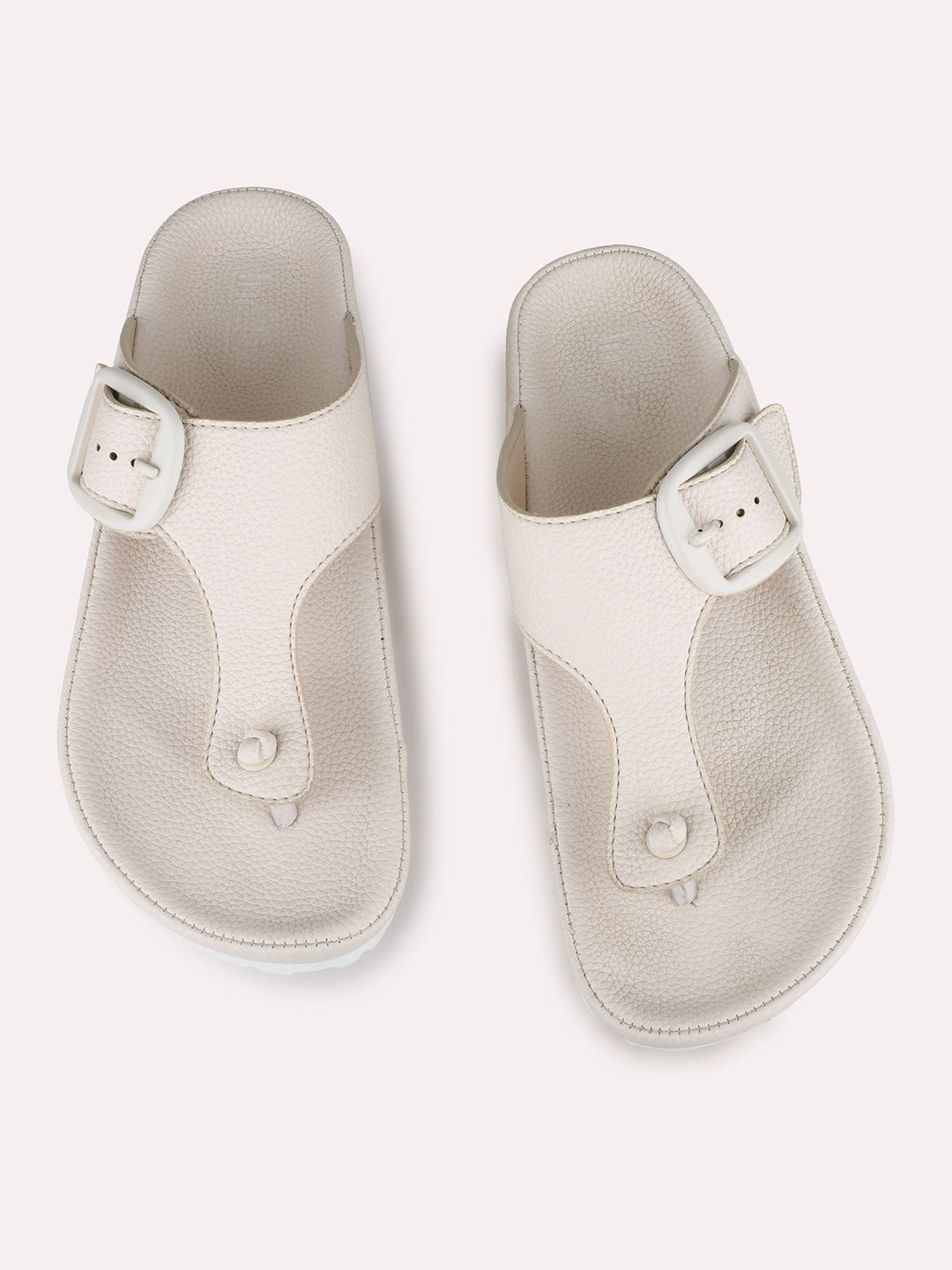 Women Cream Casual Solid Round Toe T-Strap Slip-On Flats
