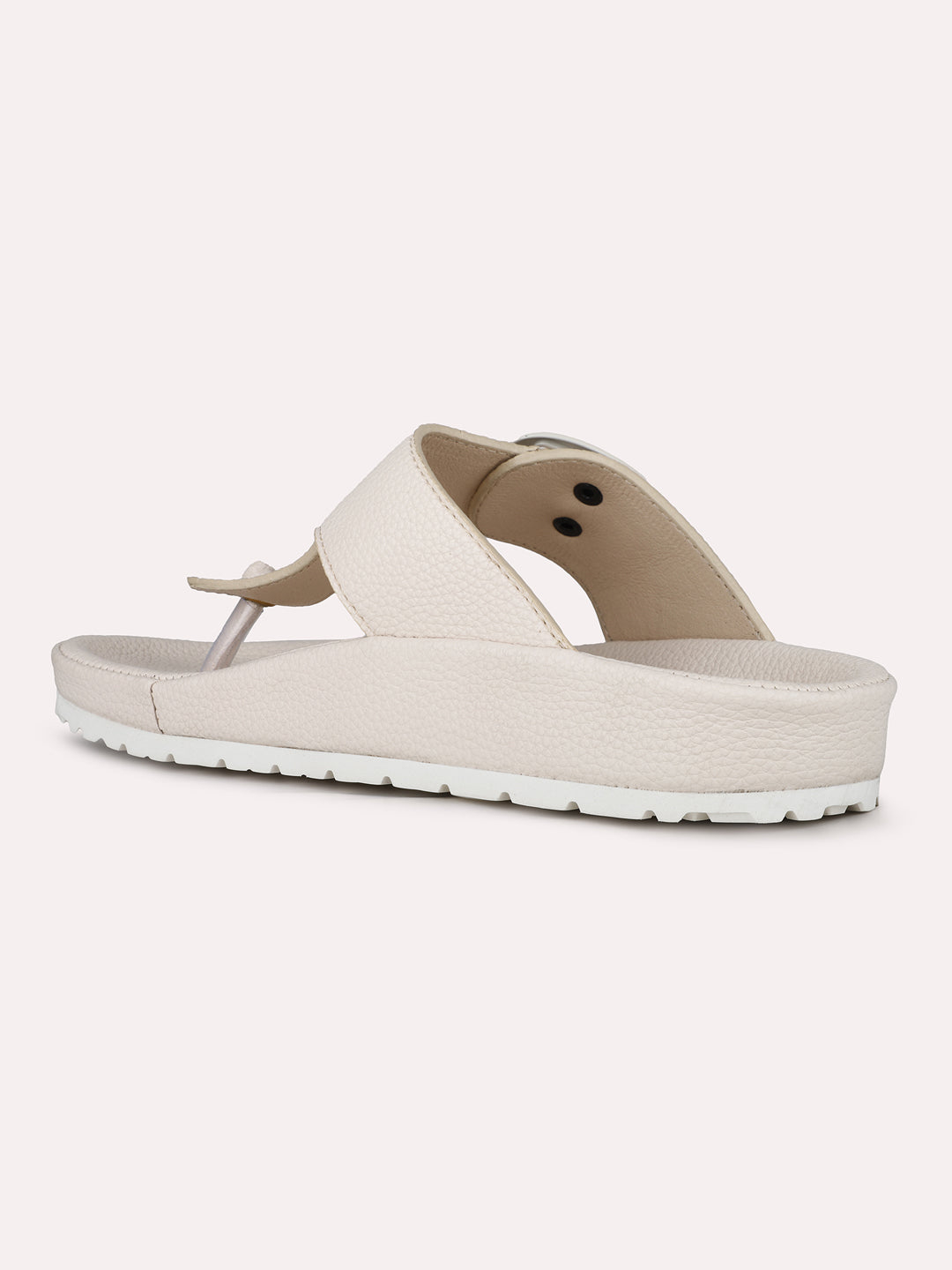 Women Cream Casual Solid Round Toe T-Strap Slip-On Flats