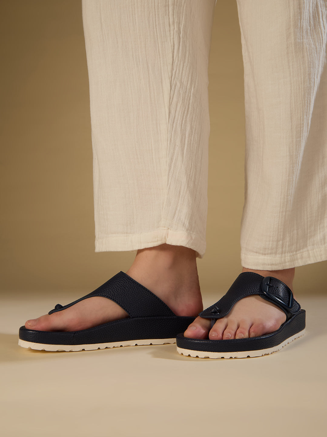 Women Navy Casual Solid Round Toe T-Strap Slip-On Flats