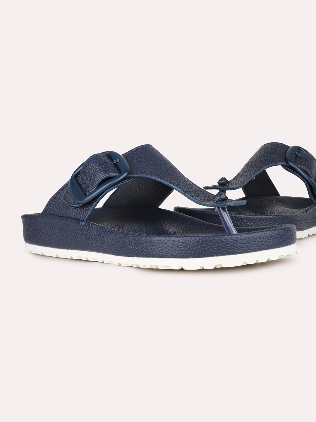 Women Navy Casual Solid Round Toe T-Strap Slip-On Flats