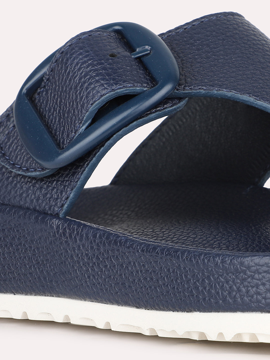 Women Navy Casual Solid Round Toe T-Strap Slip-On Flats