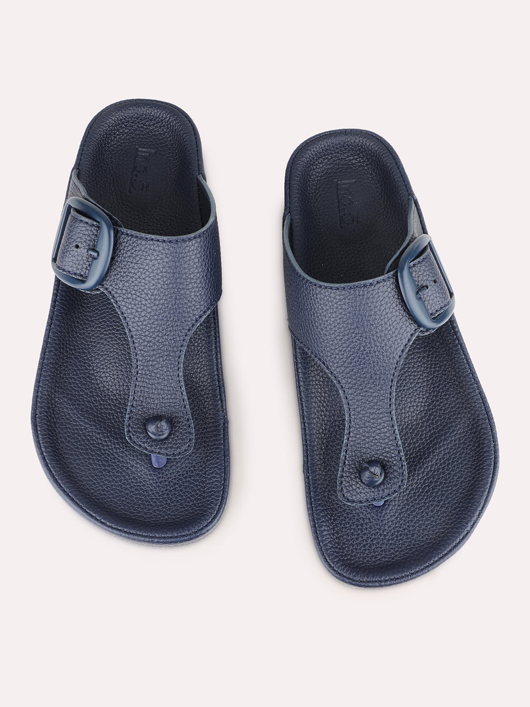 Women Navy Casual Solid Round Toe T-Strap Slip-On Flats