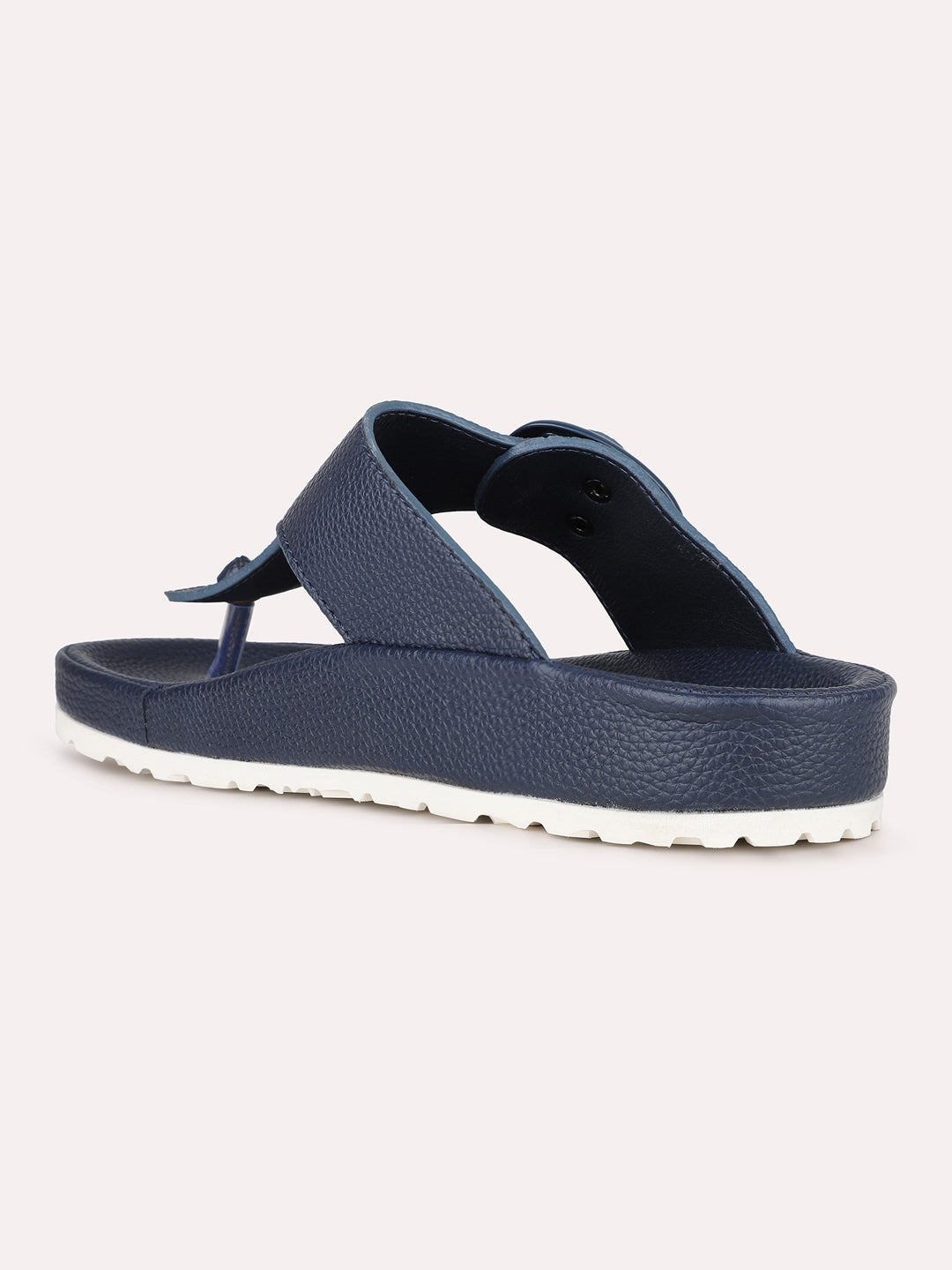 Women Navy Casual Solid Round Toe T-Strap Slip-On Flats