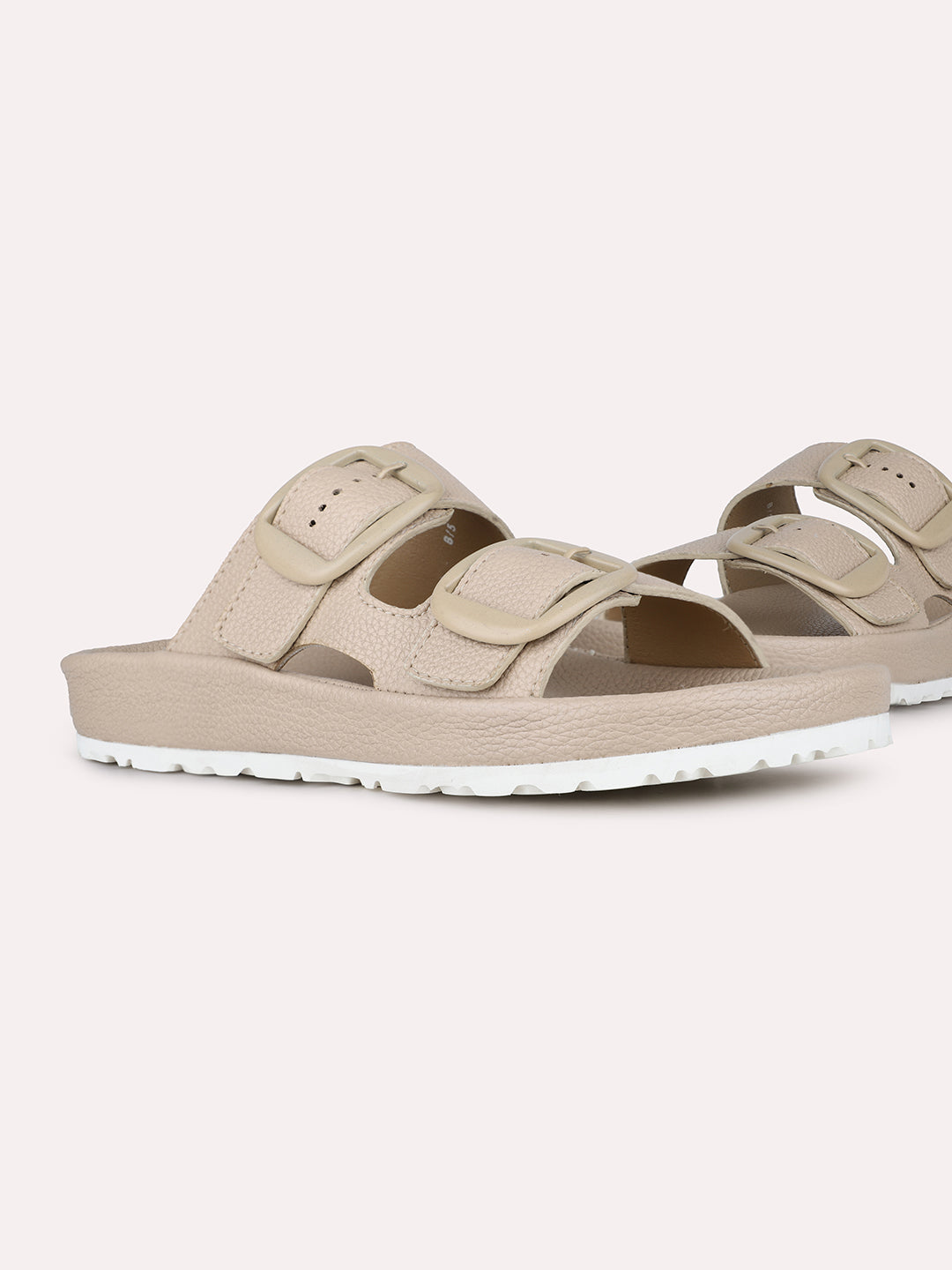 Women Beige Casual Solid Round Toe Open Toe Slip-On Flats