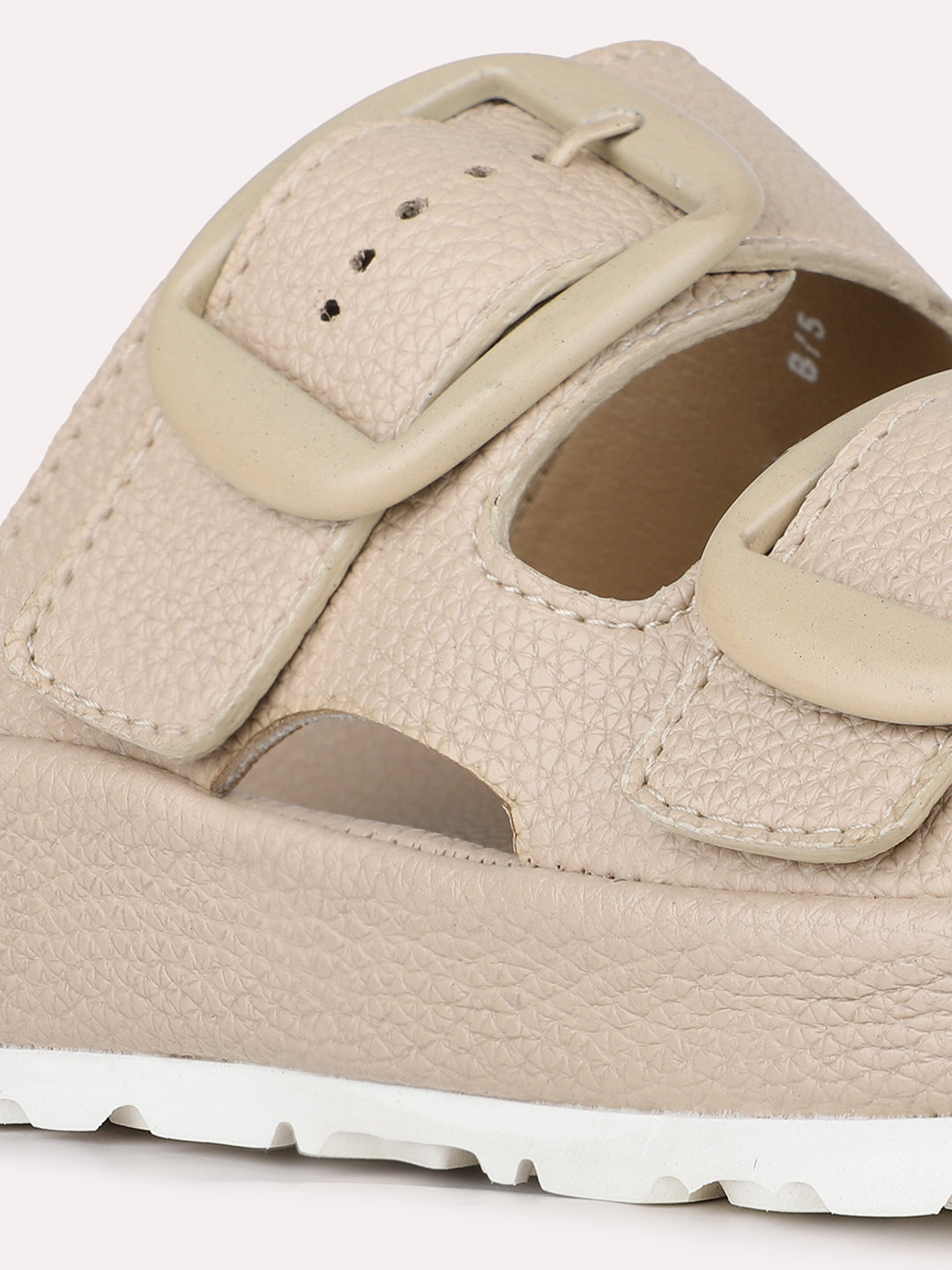 Women Beige Casual Solid Round Toe Open Toe Slip-On Flats