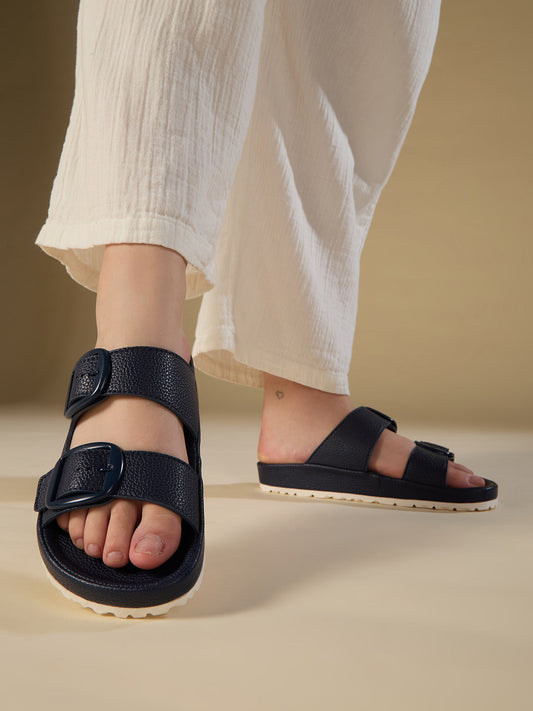 Women Navy Casual Solid Round Toe Open Toe Slip-On Flats