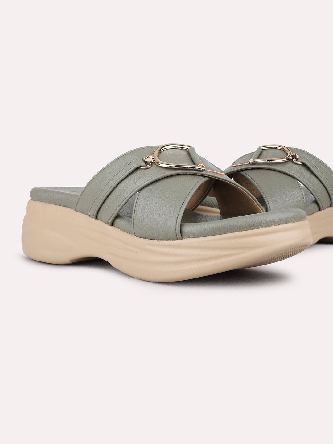 Womens Green Casual Solid Round Toe Wedge Heel Sandals