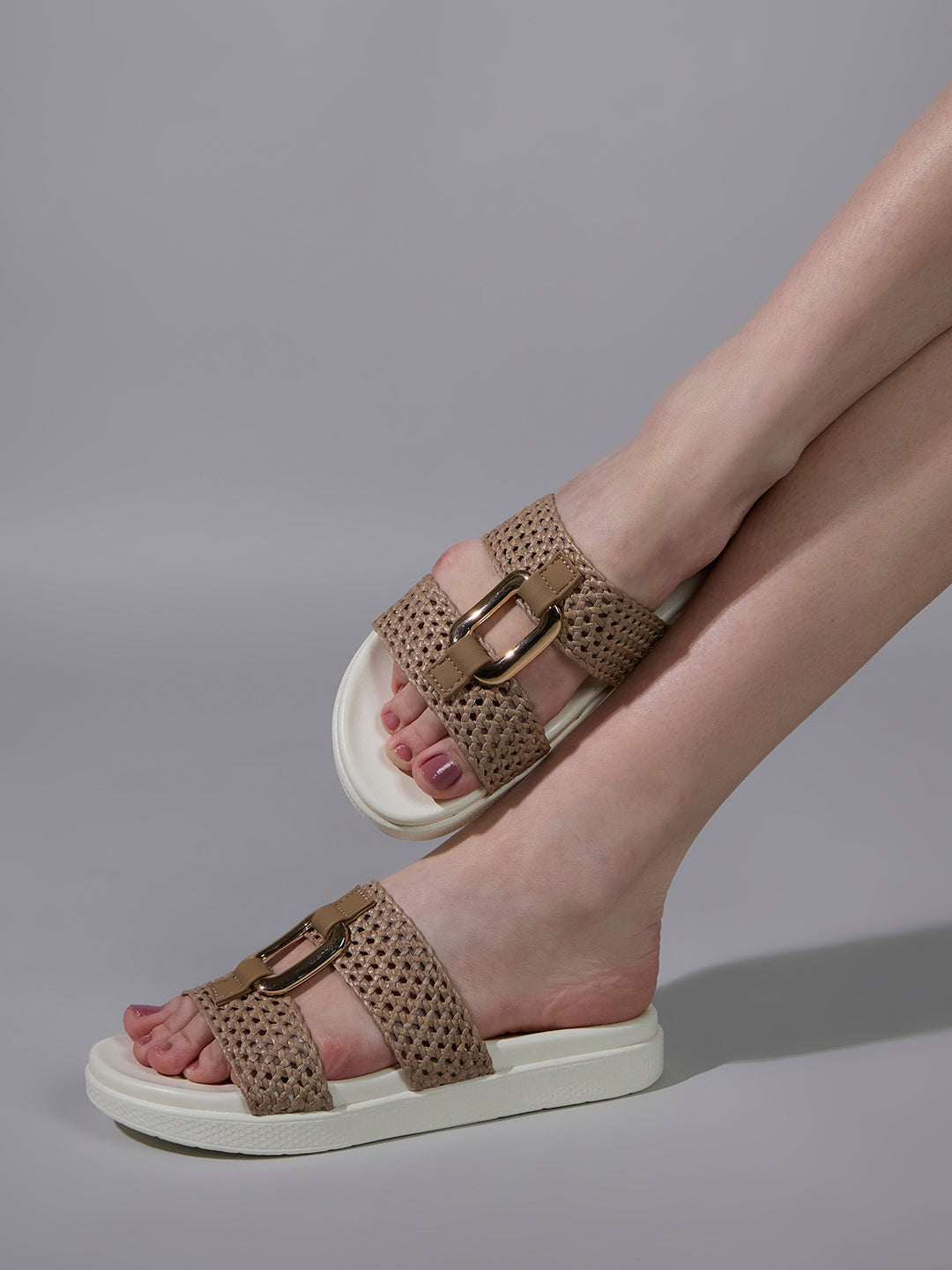 Womens Brown Casual Solid Open Toe Flat Sandals