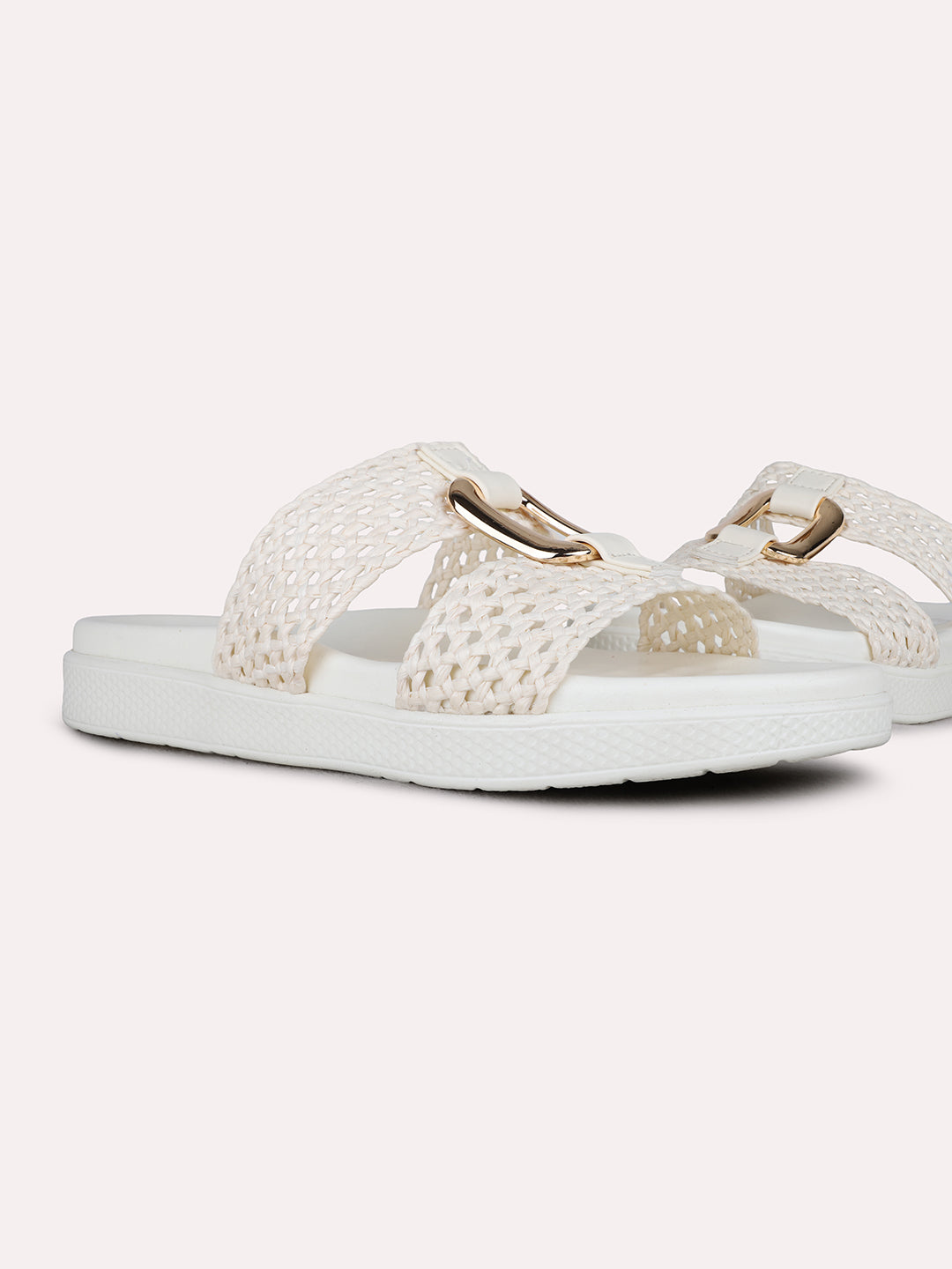 Womens Cream Casual Solid Open Toe Flat Sandals