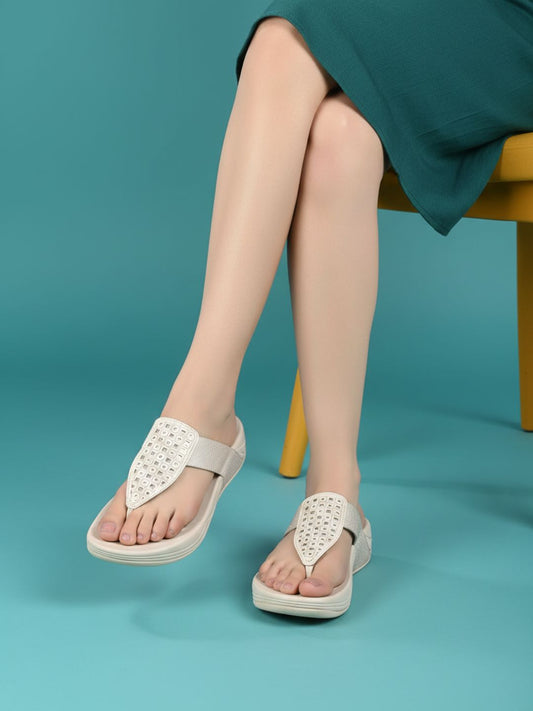 Womens Beige Casual Embellished Round Toe Platform Heels