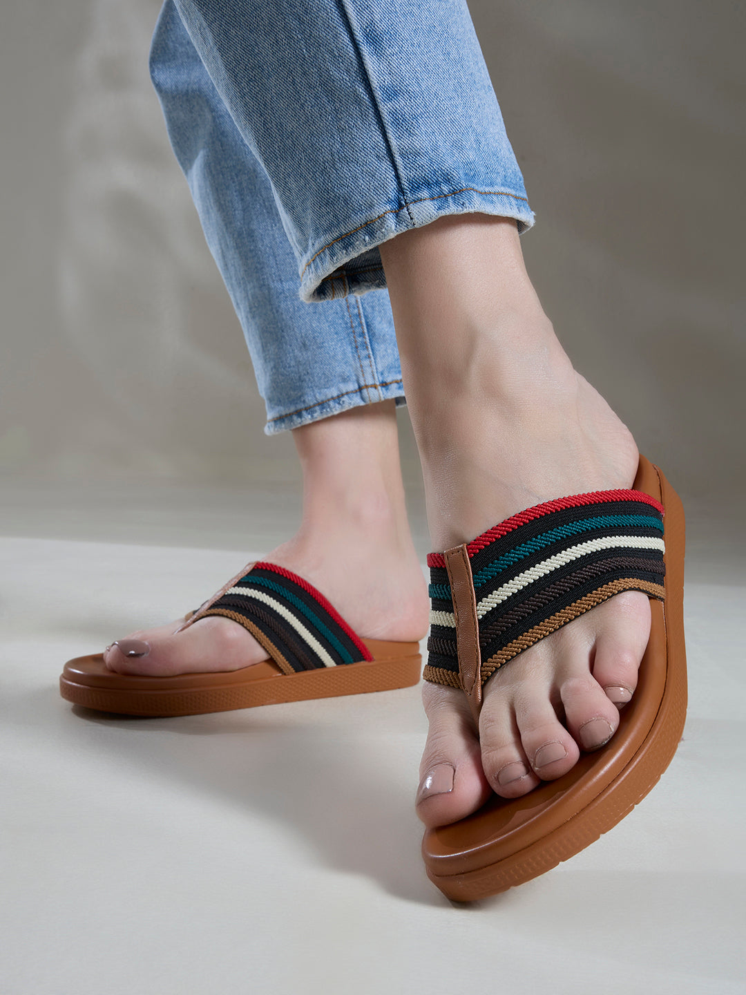 Womens Multi Casual Solid T-Strap Flats