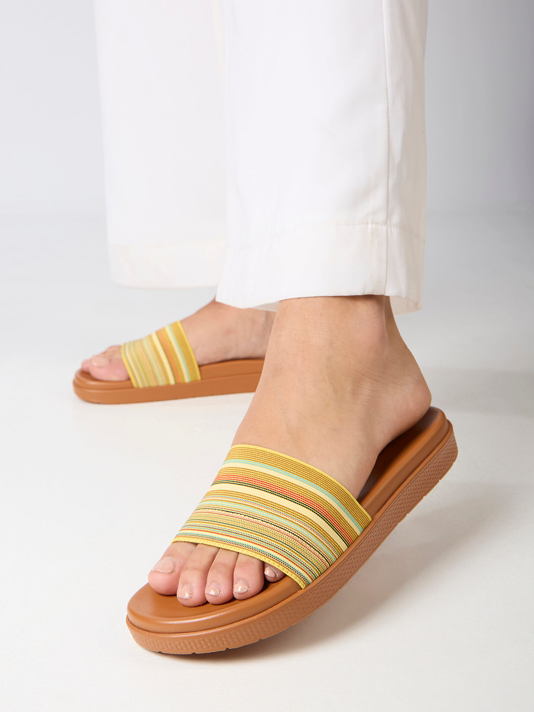 Womens Yellow Casual Solid Open Toe Flat Slip-On Sandals