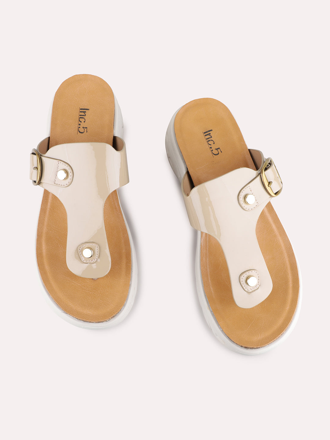 Womens Beige Casual Solid Round Toe Flatform Heel Sandals