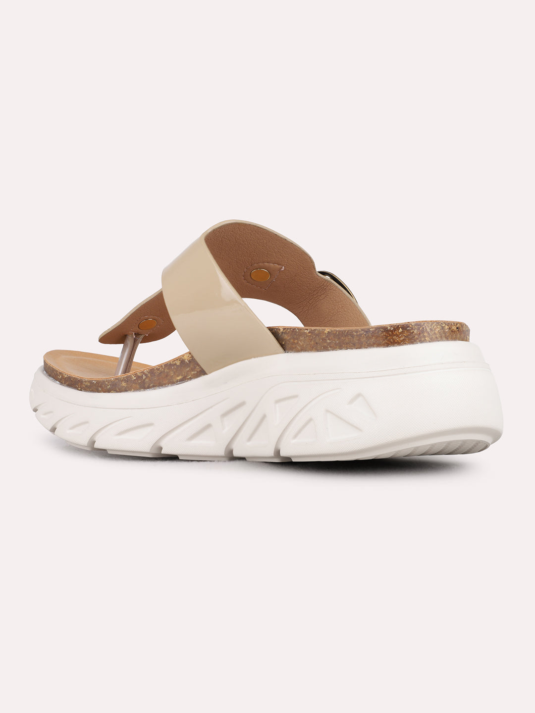 Womens Beige Casual Solid Round Toe Flatform Heel Sandals