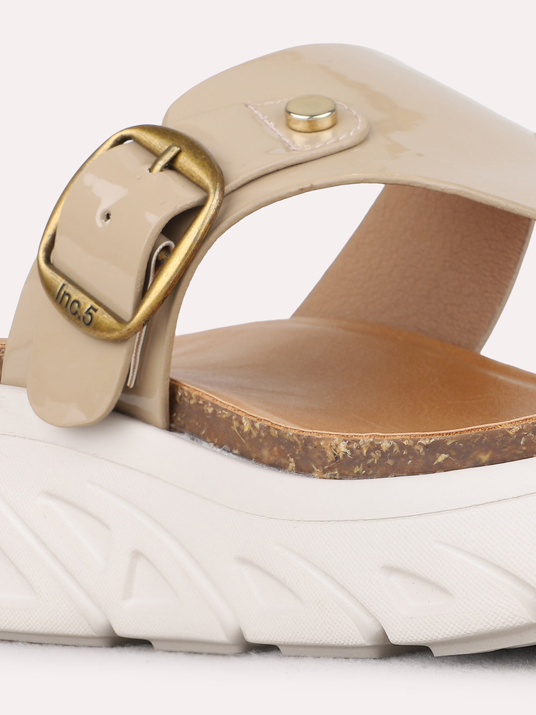 Womens Beige Casual Solid Round Toe Flatform Heel Sandals