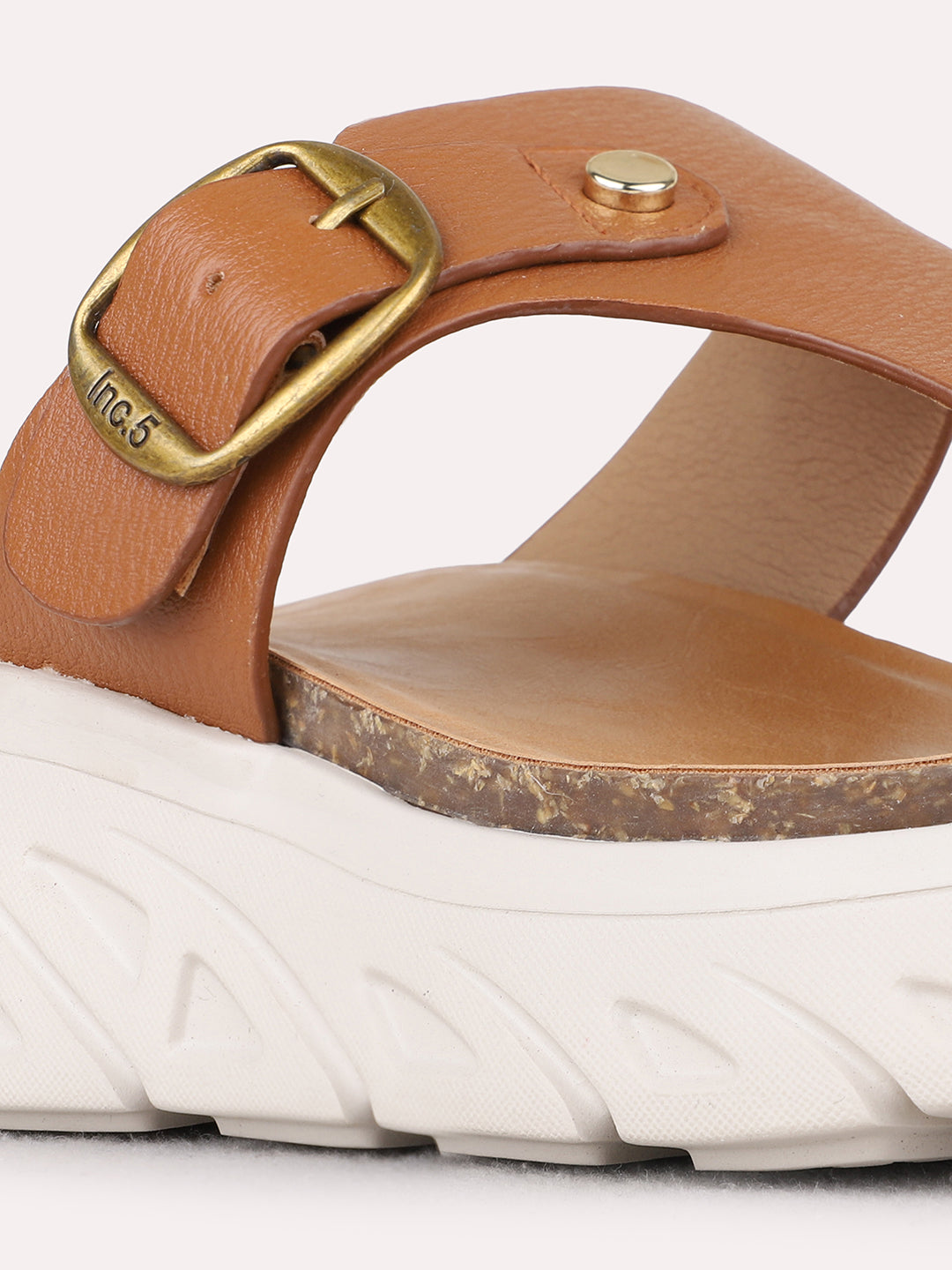 Womens Tan Casual Solid Round Toe Flatform Heel Sandals