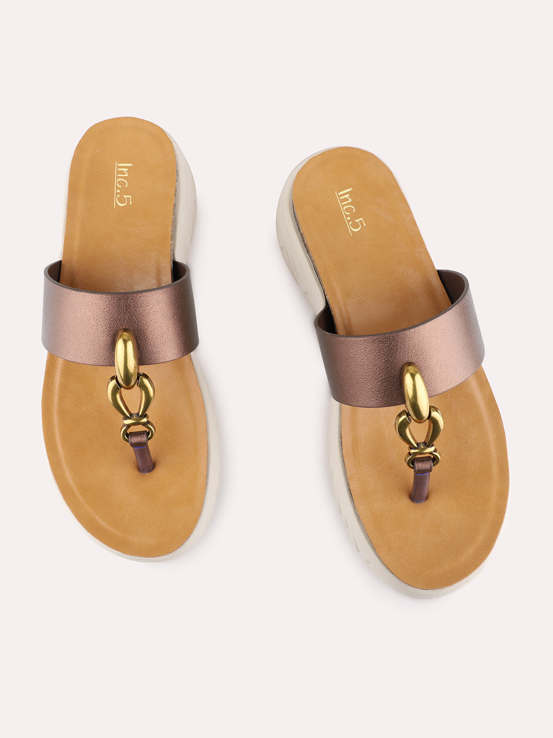 Womens Bronze Casual Solid T-Strap Flatform Heels