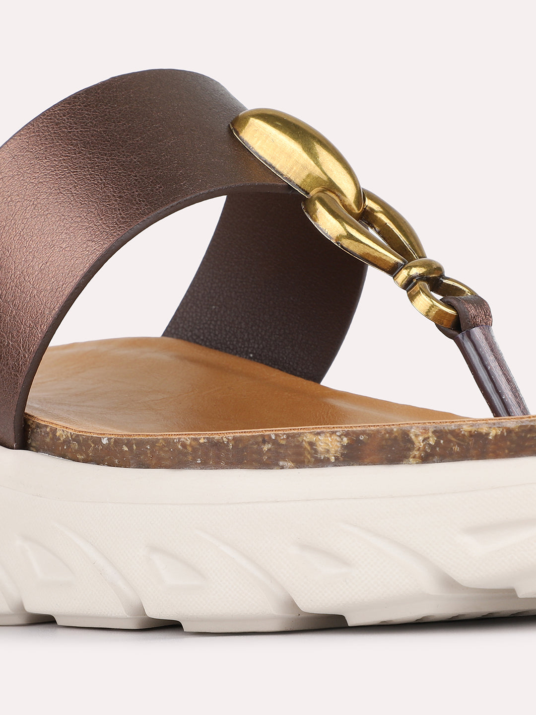 Womens Bronze Casual Solid T-Strap Flatform Heels