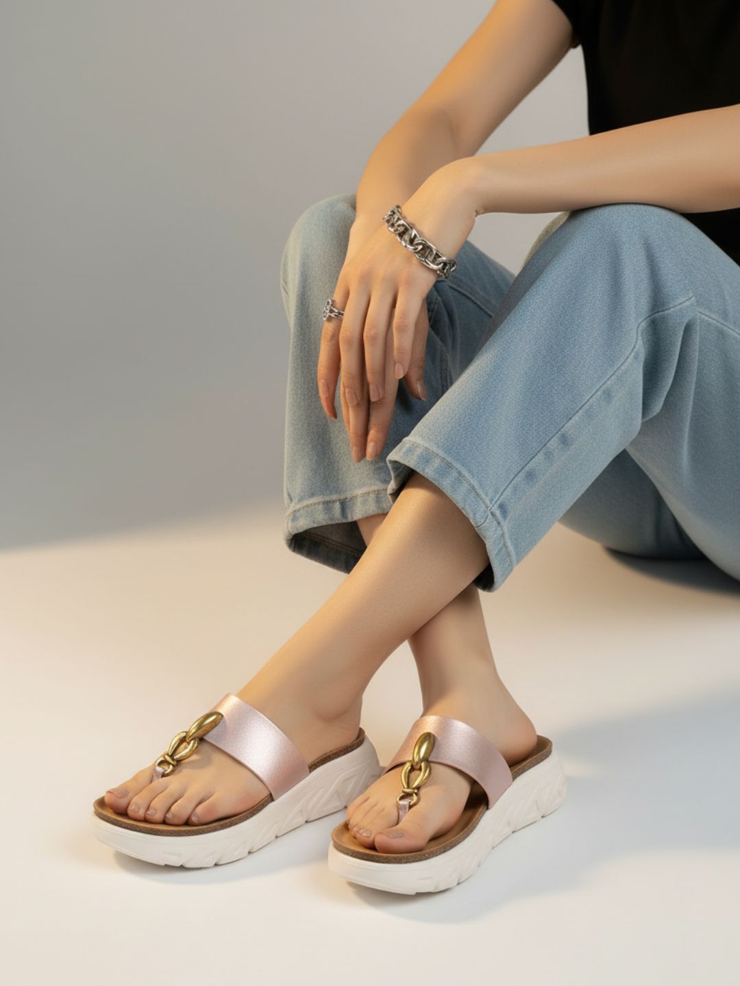 Womens Rose Gold Casual Solid T-Strap Flatform Heels