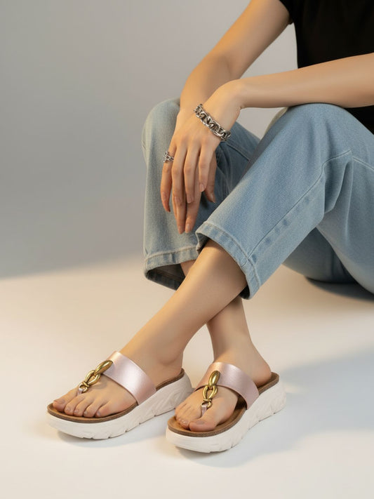 Womens Rose Gold Casual Solid T-Strap Flatform Heels