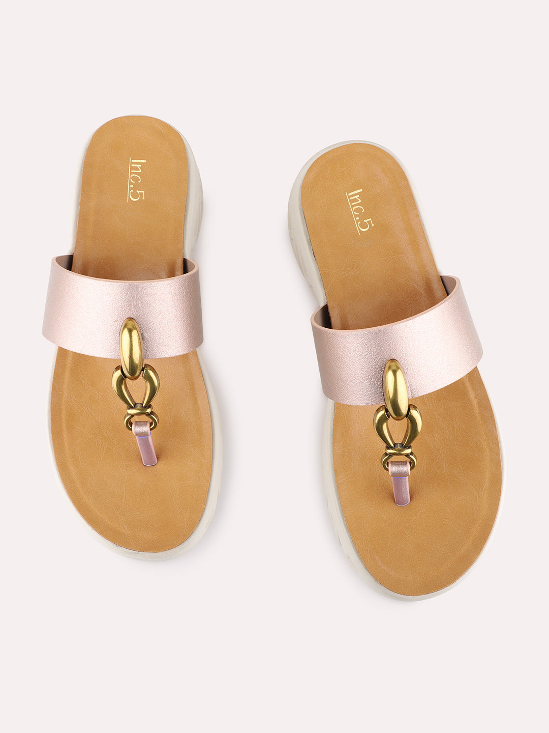 Womens Rose Gold Casual Solid T-Strap Flatform Heels