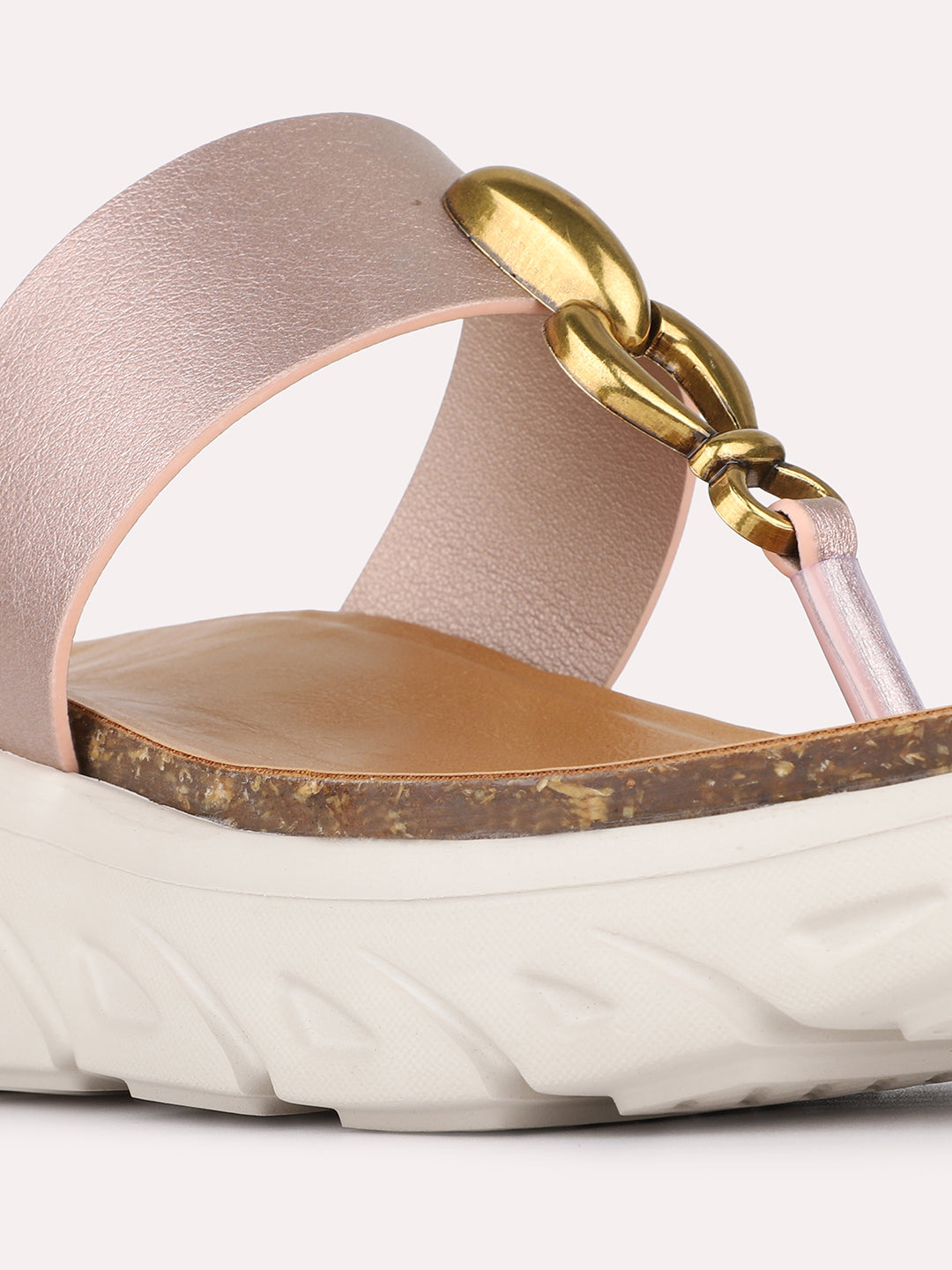 Womens Rose Gold Casual Solid T-Strap Flatform Heels