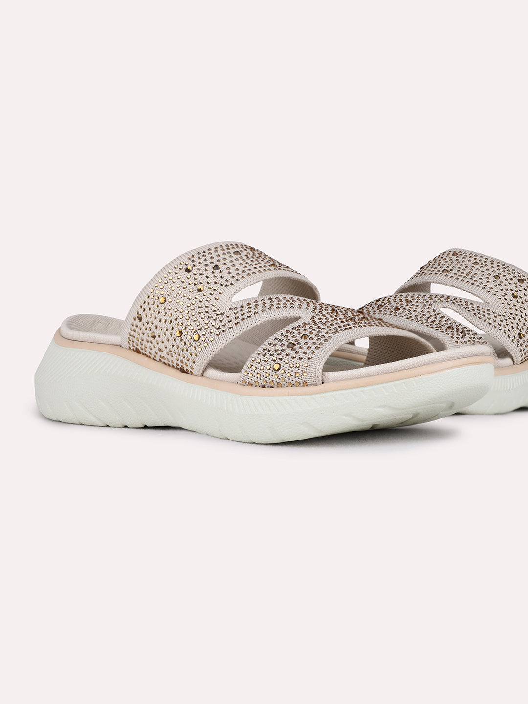 Womens Beige Party Wear Embellished Round Toe Wedge Heels