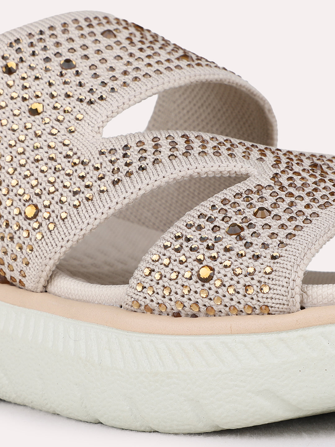 Womens Beige Party Wear Embellished Round Toe Wedge Heels