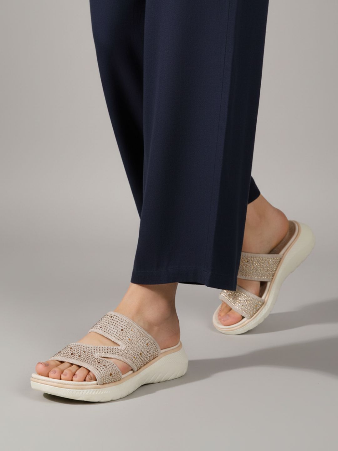 Womens Beige Party Wear Embellished Round Toe Wedge Heels