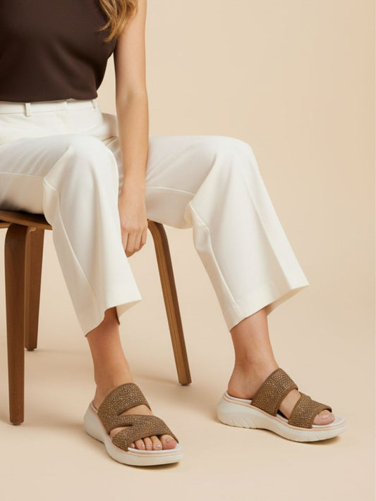 Womens Tan Party Wear Embellished Round Toe Wedge Heels