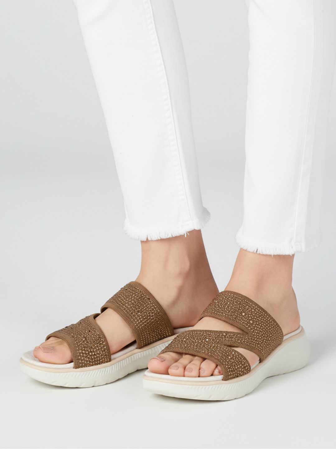 Womens Tan Party Wear Embellished Round Toe Wedge Heel Sandals