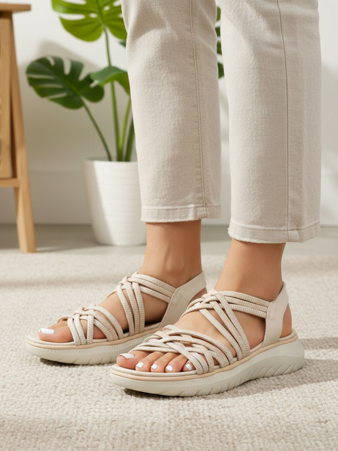 Womens Cream Casual Printed Round Toe Flatform Heels