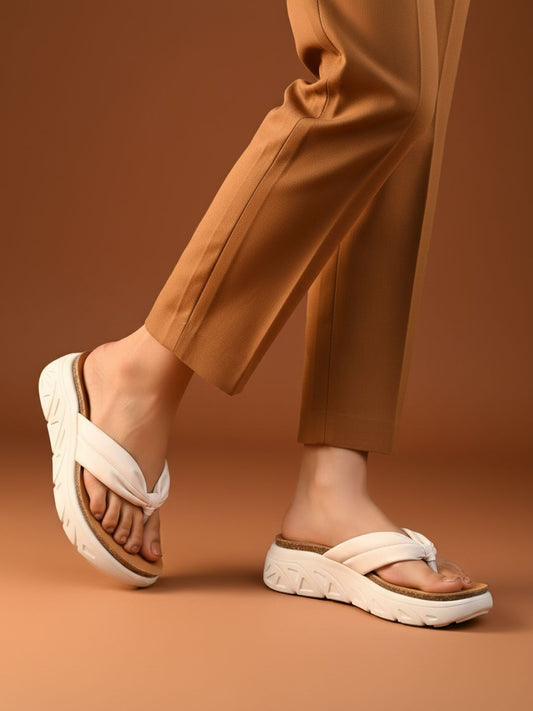 Womens Cream Casual Solid Round Toe Flatform Heels