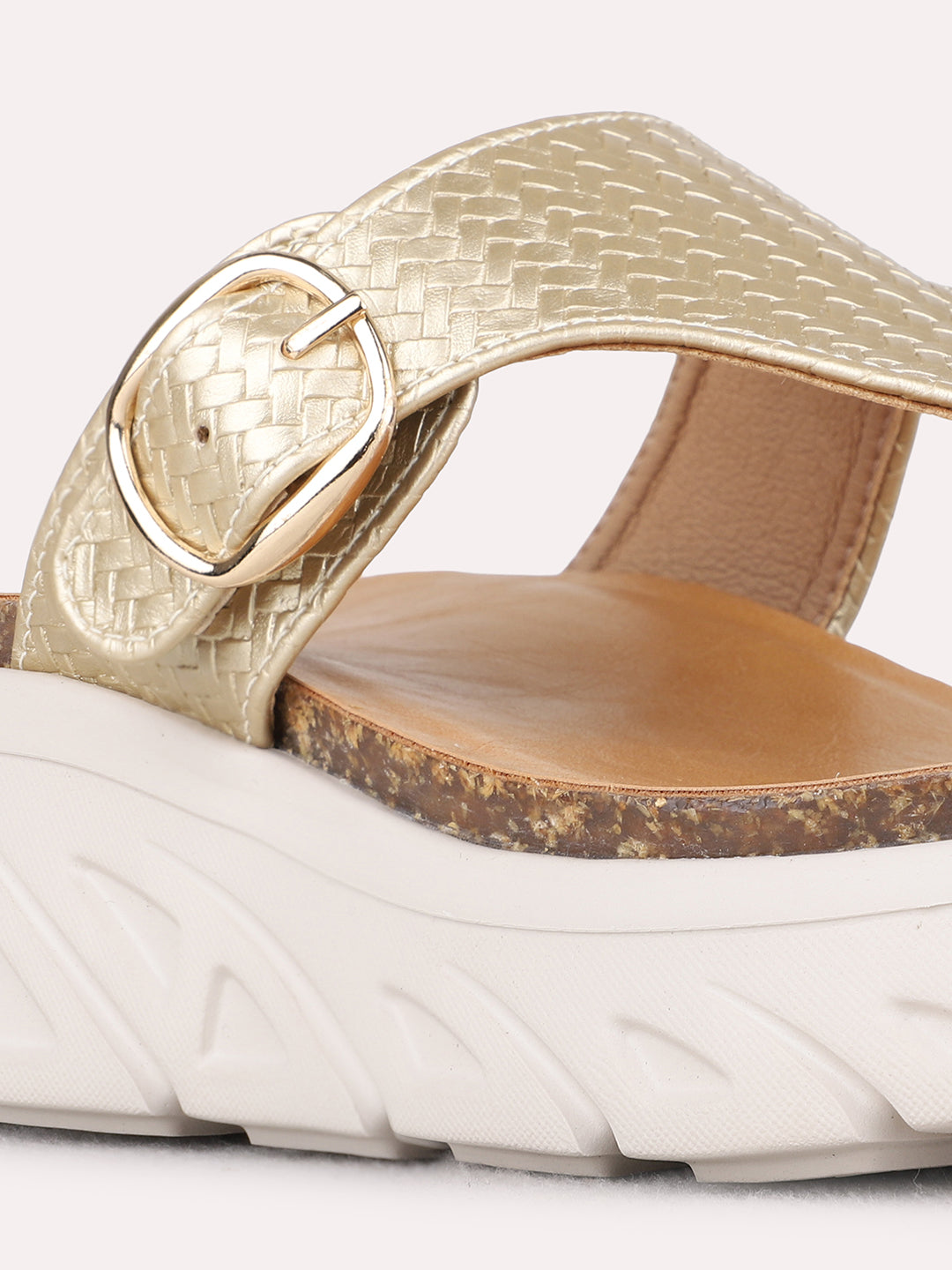 Womens Golden Casual Embellished Round Toe Flatform Heels