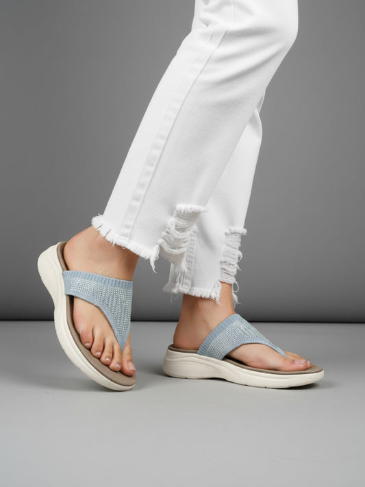Womens Grey Casual Embellished T-Strap Flat Slip-Ons