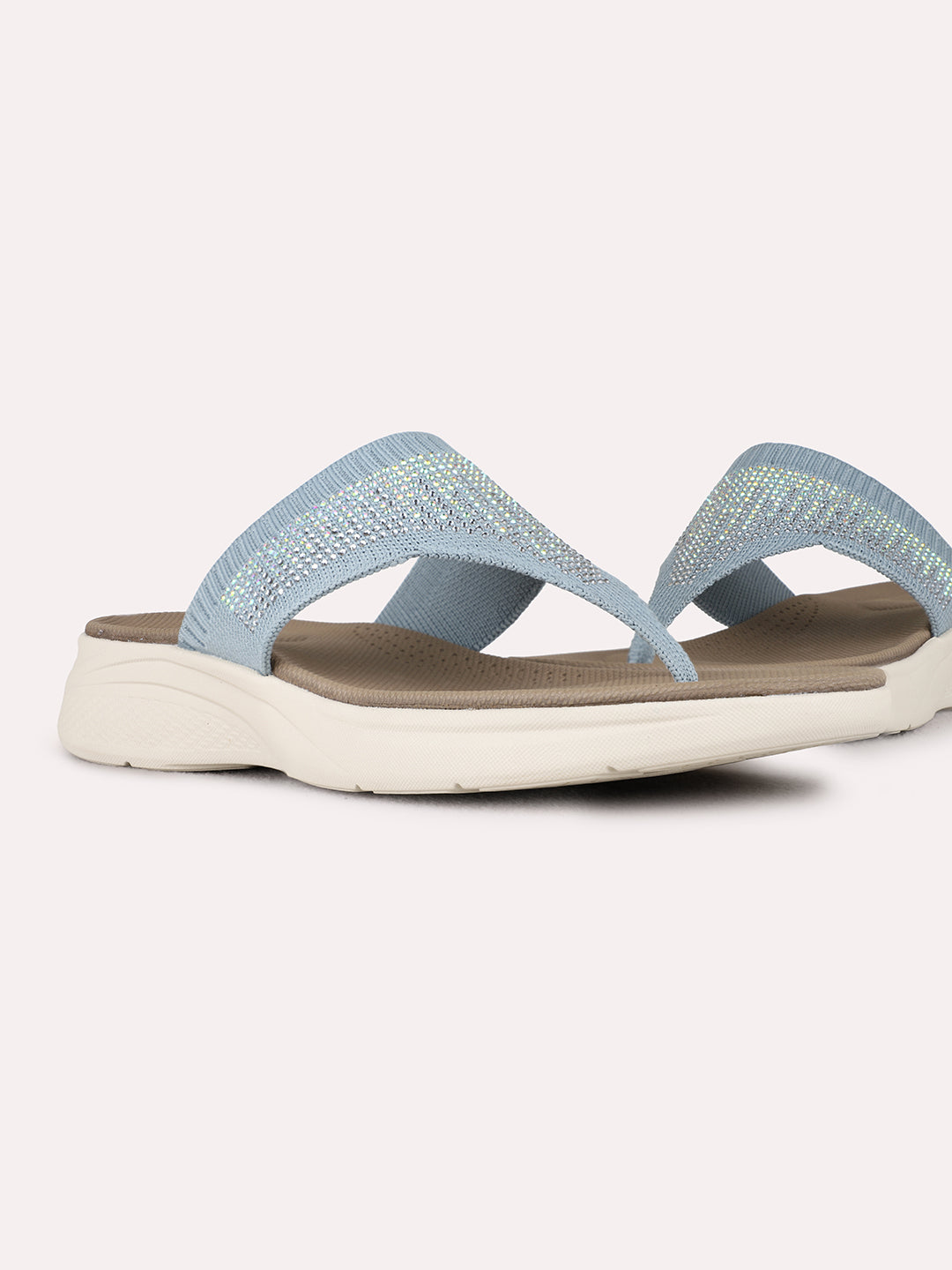 Womens Grey Casual Embellished T-Strap Flat Slip-Ons