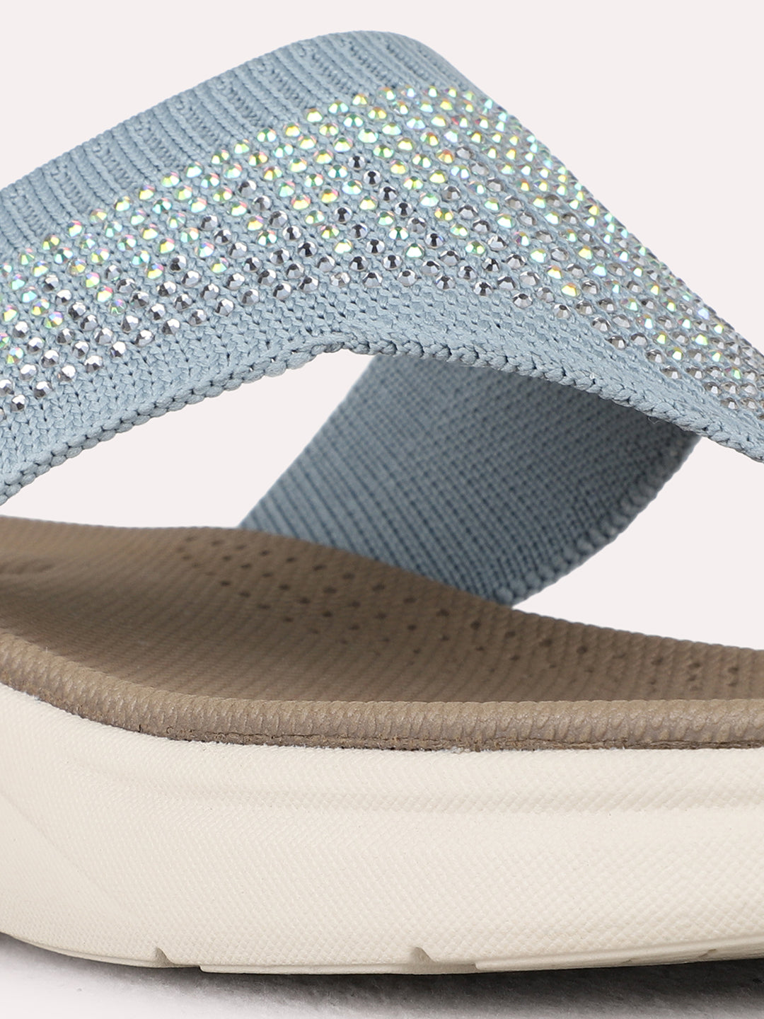 Womens Grey Casual Embellished T-Strap Flat Slip-Ons