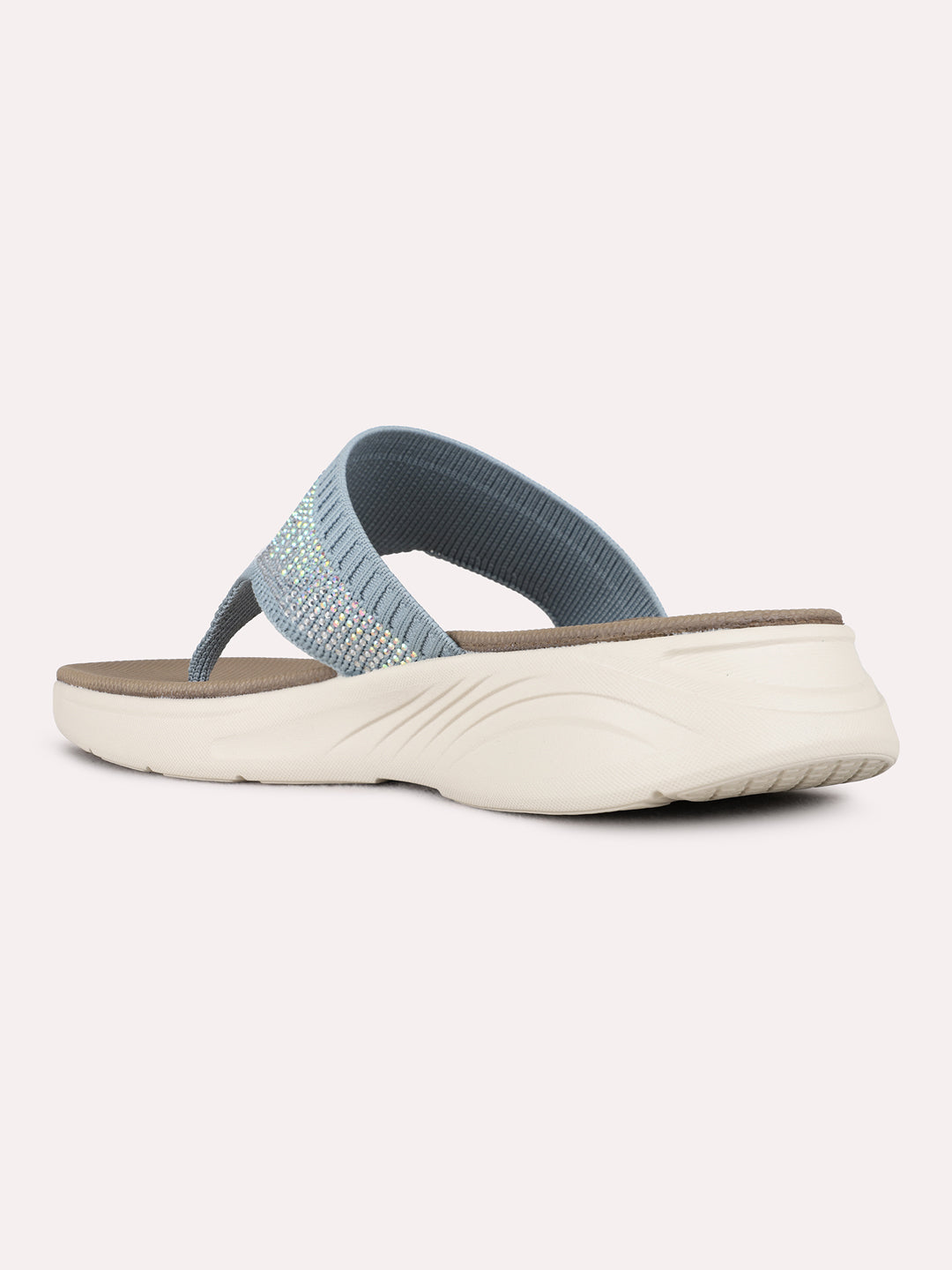 Womens Grey Casual Embellished T-Strap Flat Slip-Ons