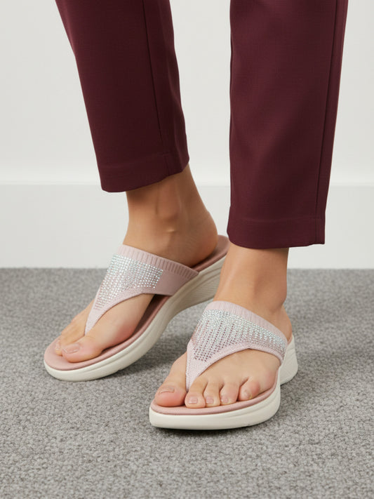 Womens Peach Casual Embellished T-Strap Flat Slip-Ons