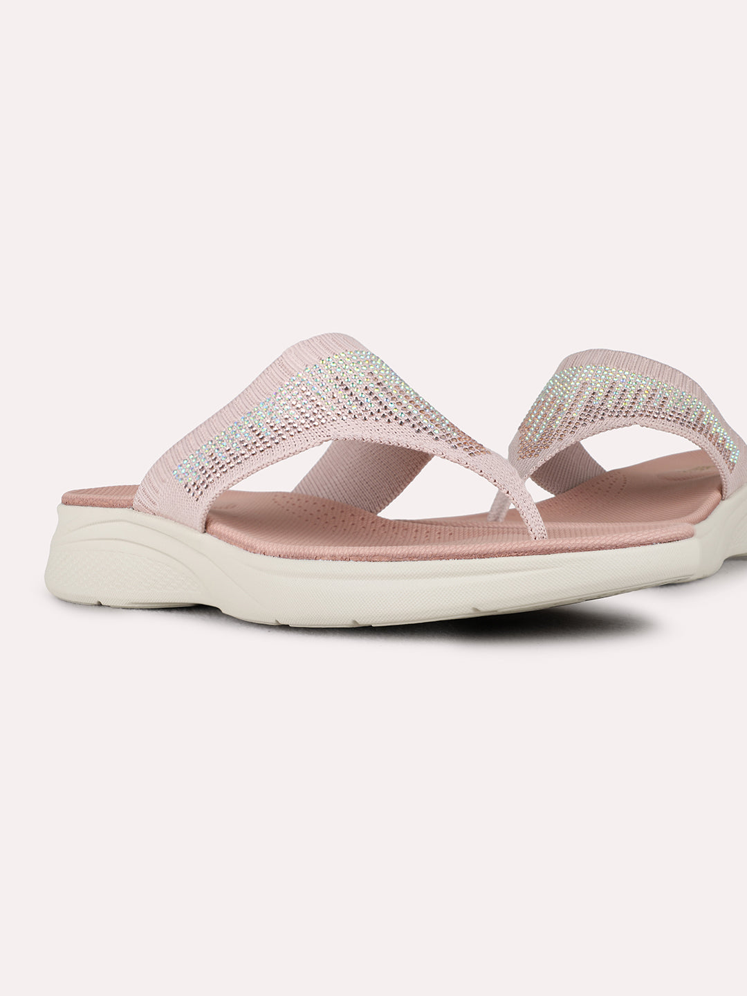 Womens Peach Casual Embellished T-Strap Flat Slip-Ons