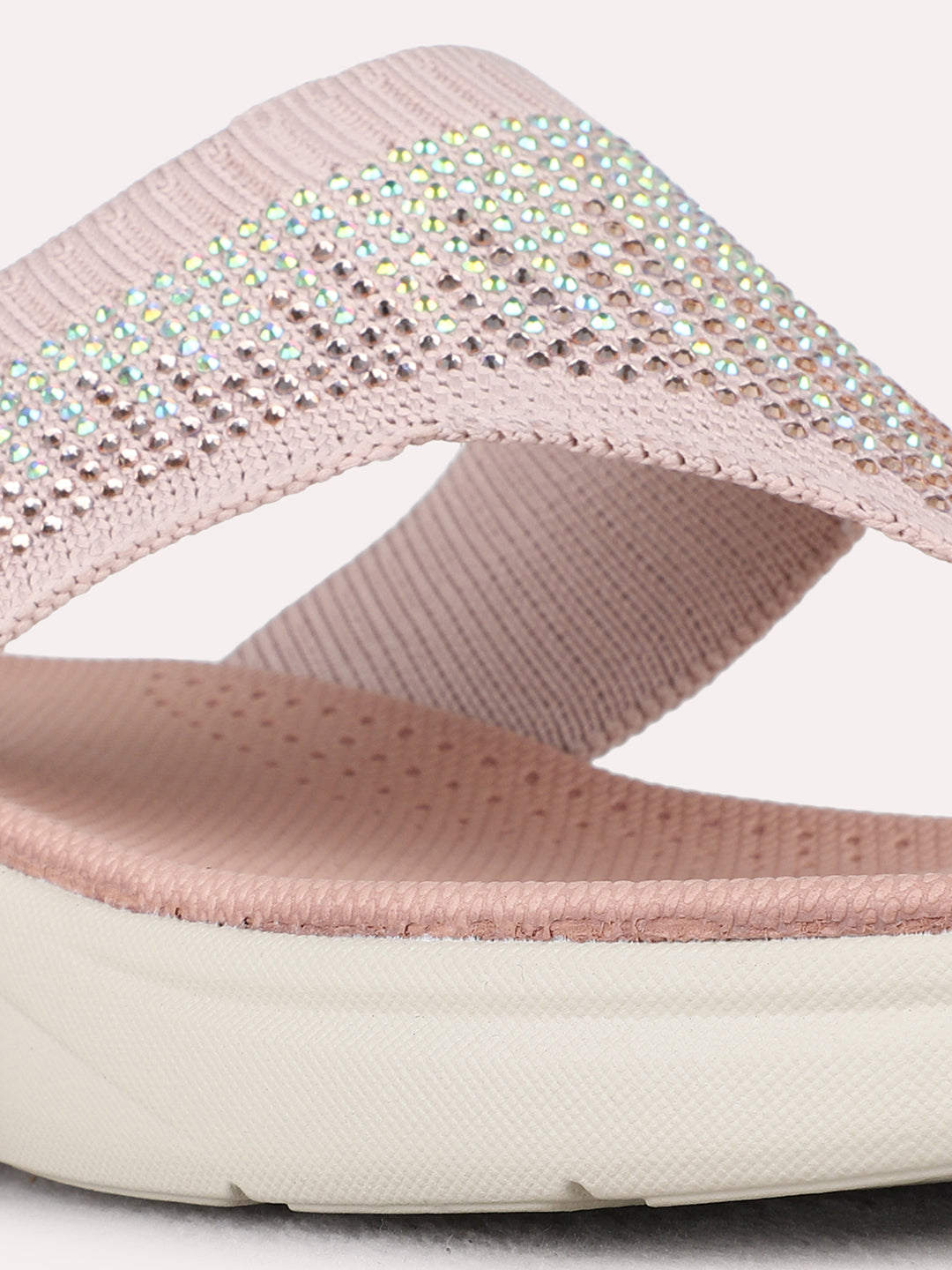 Womens Peach Casual Embellished T-Strap Flat Slip-Ons
