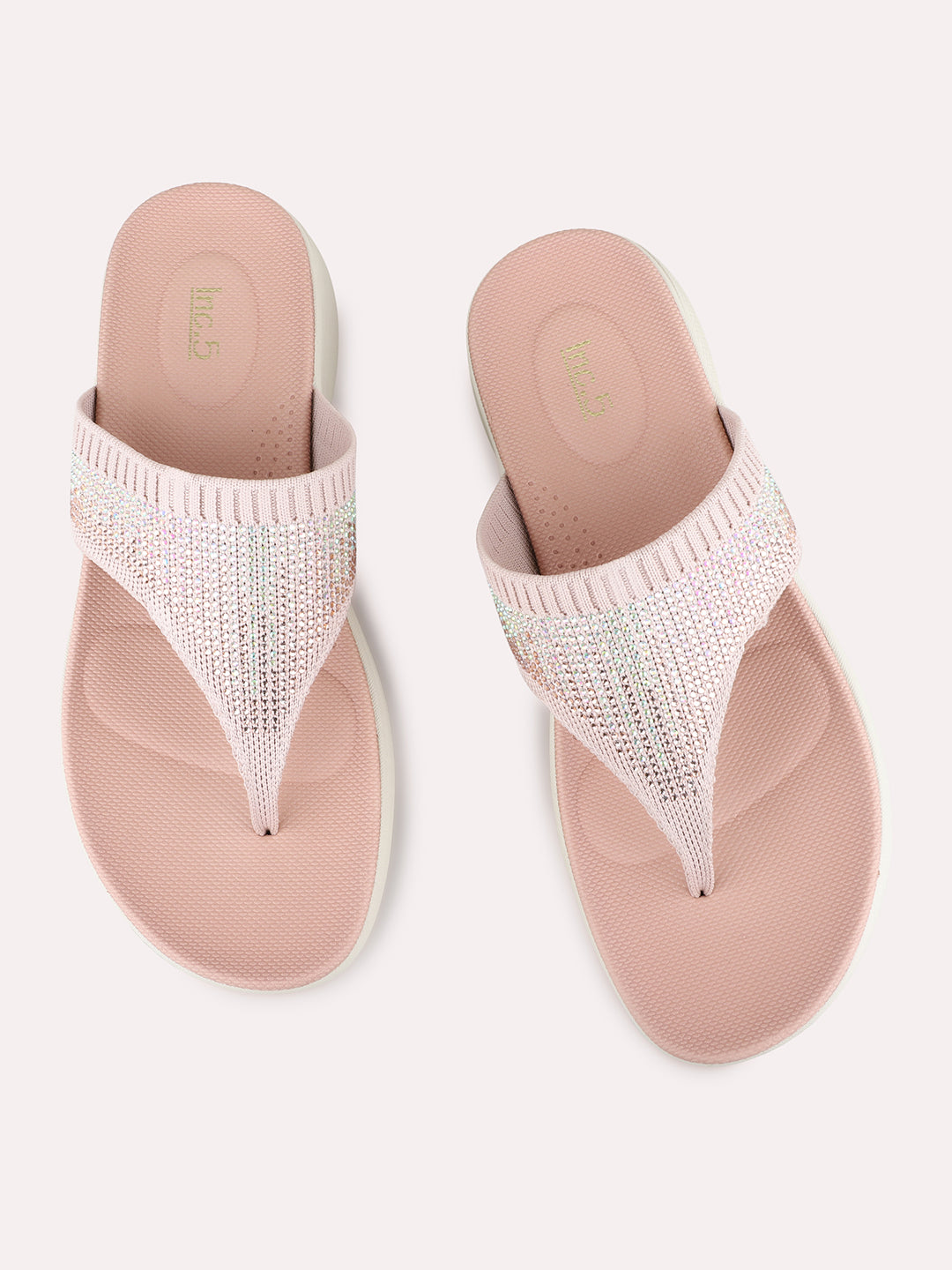 Womens Peach Casual Embellished T-Strap Flat Slip-Ons