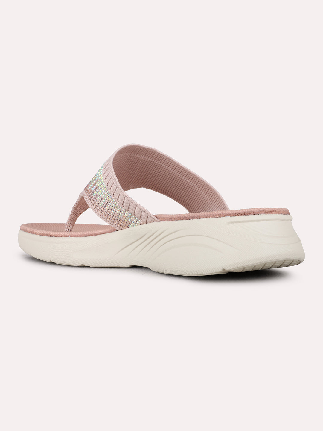 Womens Peach Casual Embellished T-Strap Flat Slip-Ons