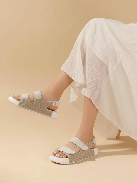 Womens Beige Casual Embellished Open Toe Flats
