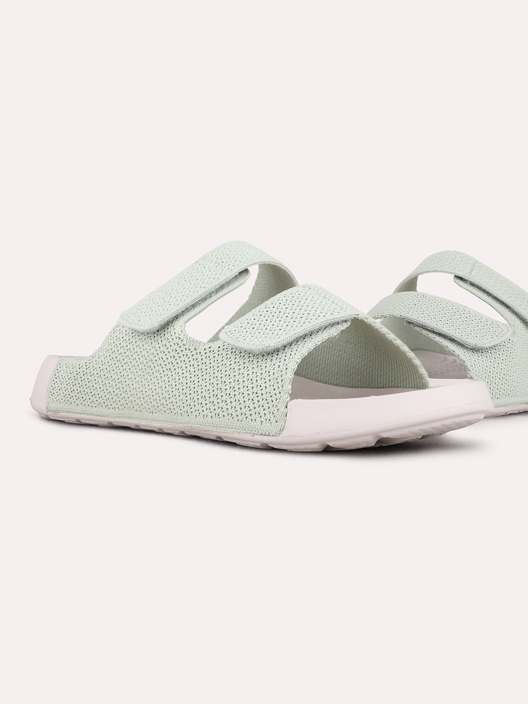 Womens Green Casual Embellished Open Toe Shape Flat Slip-Ons