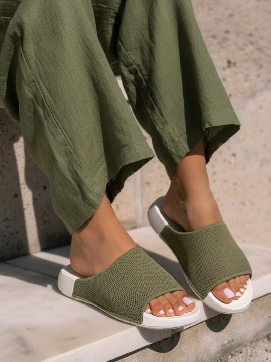 Womens Green Casual Embellished Open Toe Flat Slip-Ons