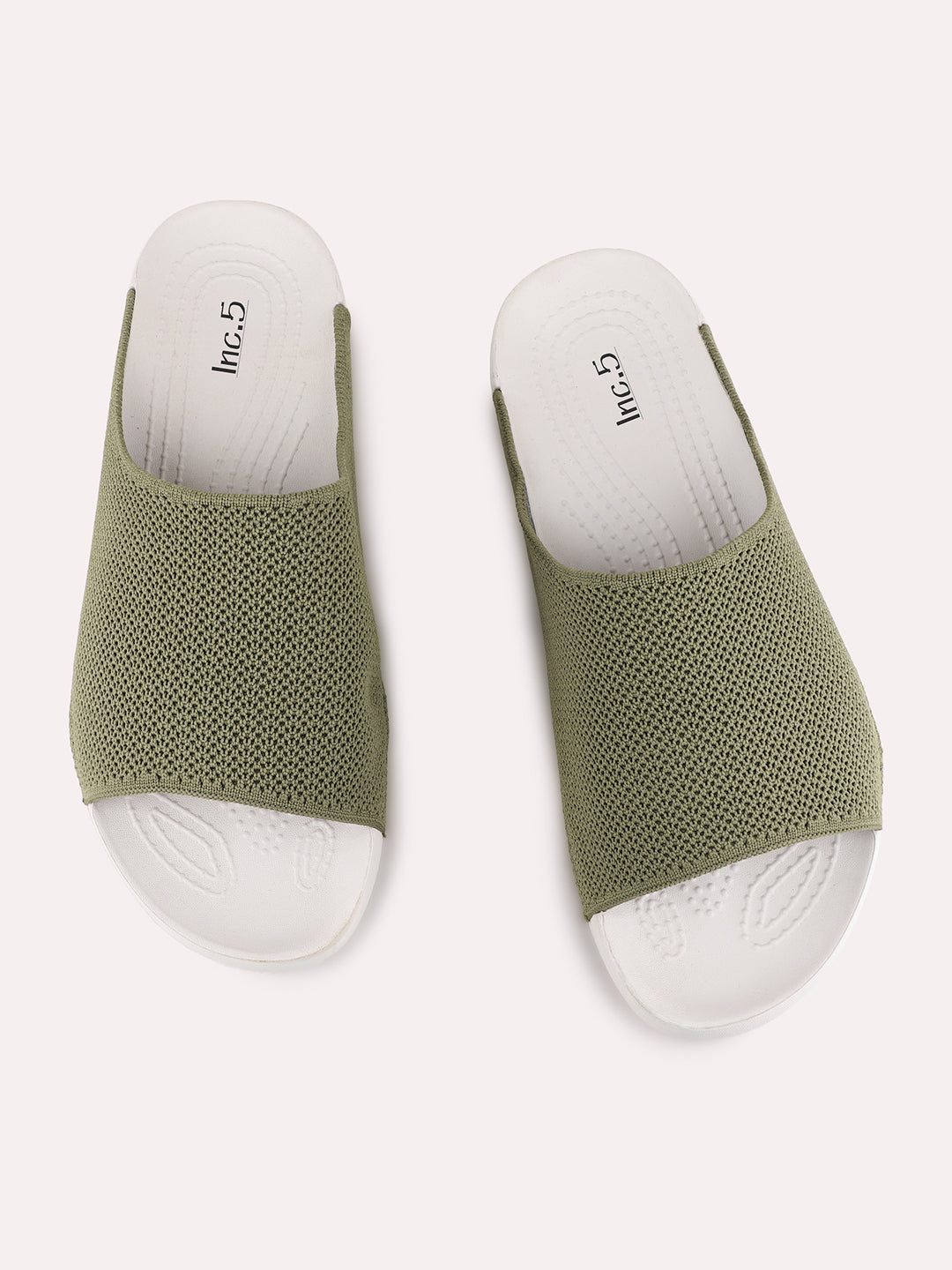 Womens Green Casual Embellished Open Toe Flat Slip-Ons
