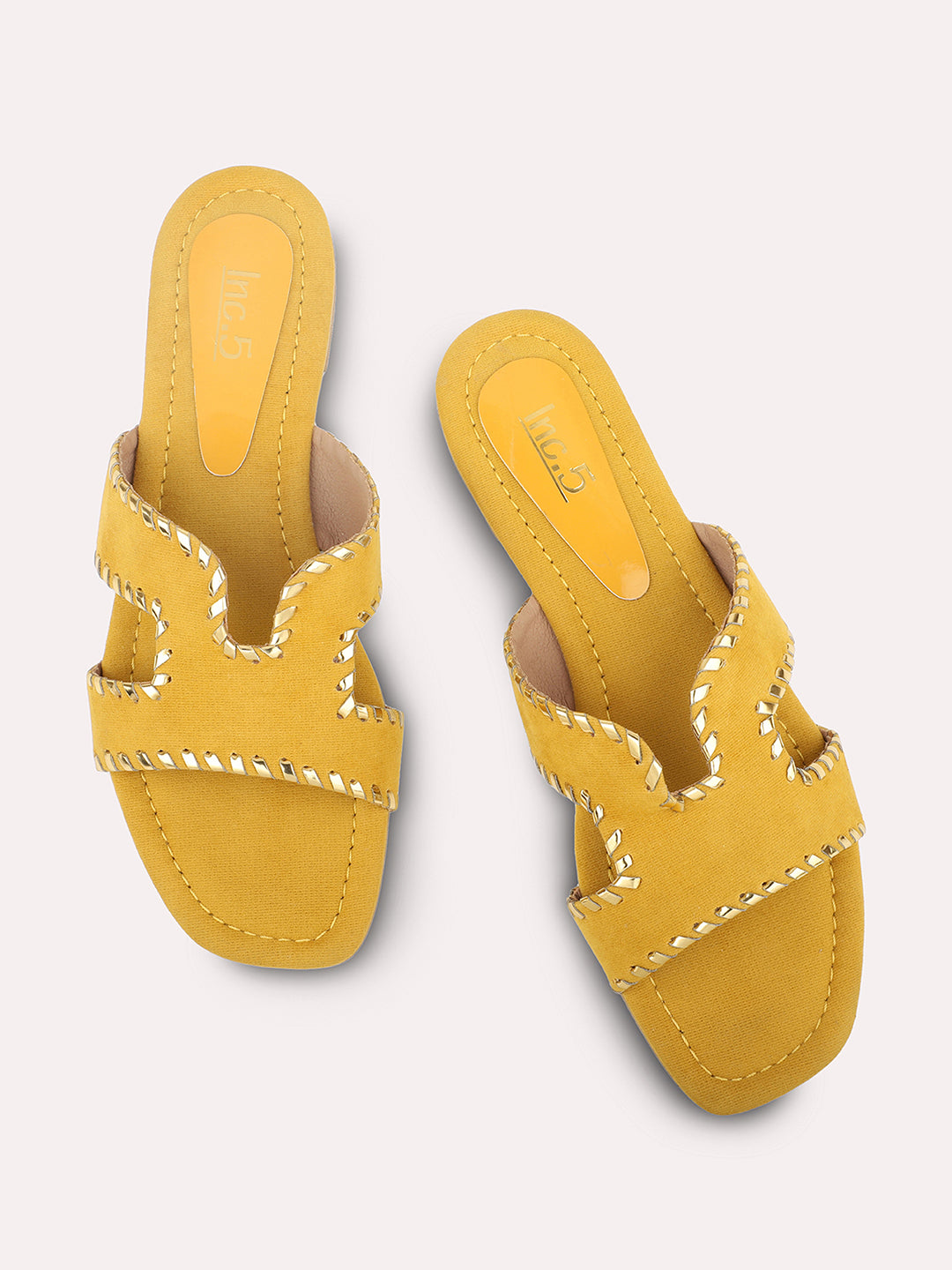 Women Yellow Embellished Suede Open Toe Flats