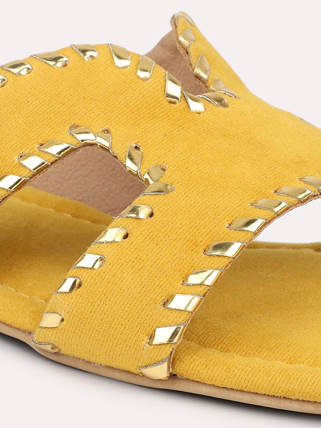 Women Yellow Embellished Suede Open Toe Flats