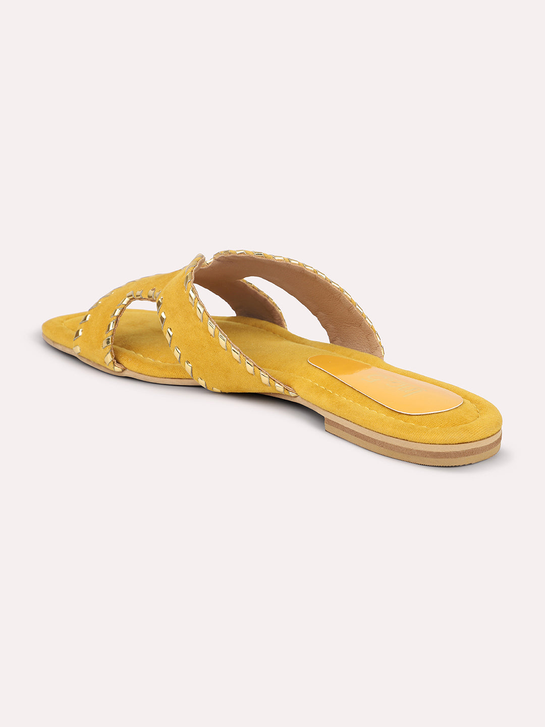 Women Yellow Embellished Suede Open Toe Flats